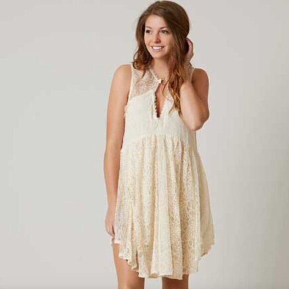 FREE PEOPLE Oatmeal Lace Baby Doll Slip Dress S Boho Resortwear Coastal Cowgirl - Picture 1 of 13